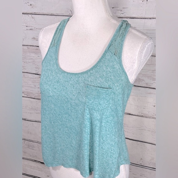 FULL TILT Crochet Trim Tank Top Heather Teal Green-Small - Picture 2 of 3